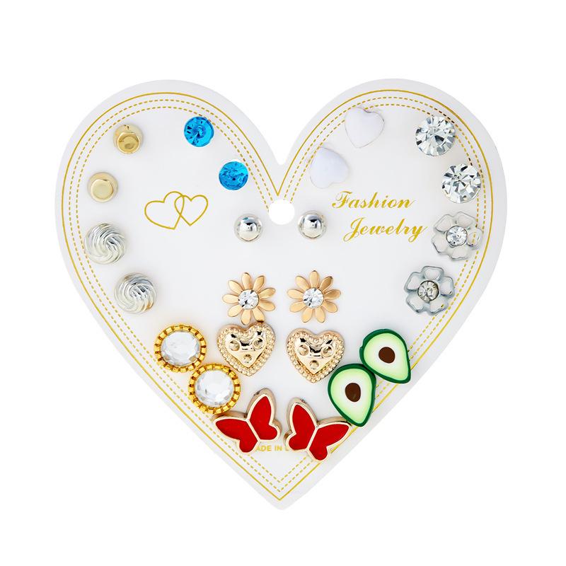 12-Pair Rhinestone Stud Earrings Set: Flower, Heart, Star & Moon Designs