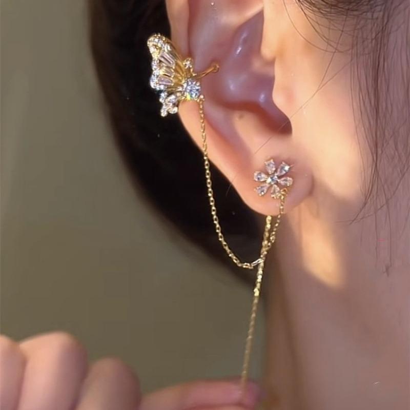 Butterfly Flower Zircon Ear Cuff Ear Thread Integrated Long Earrings