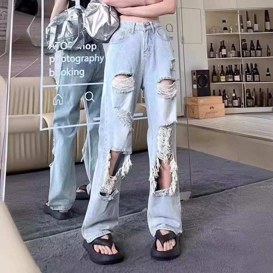 Women's American High Street Style Distressed Ripped Jeans – Straight, Loose Fit for Spring and Autumn