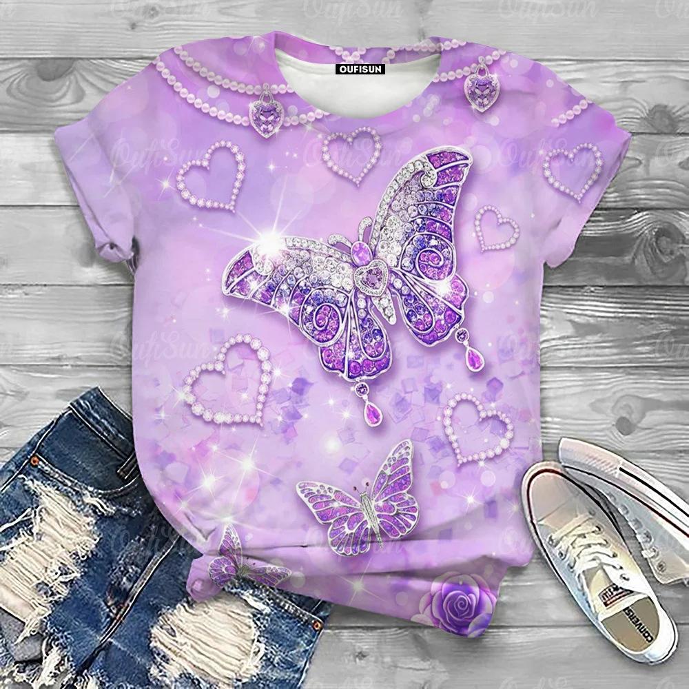 Summer Round Neck 3D Butterfly Print T-shirts Fashionable Casual Short Sleeved Women's T-shirts