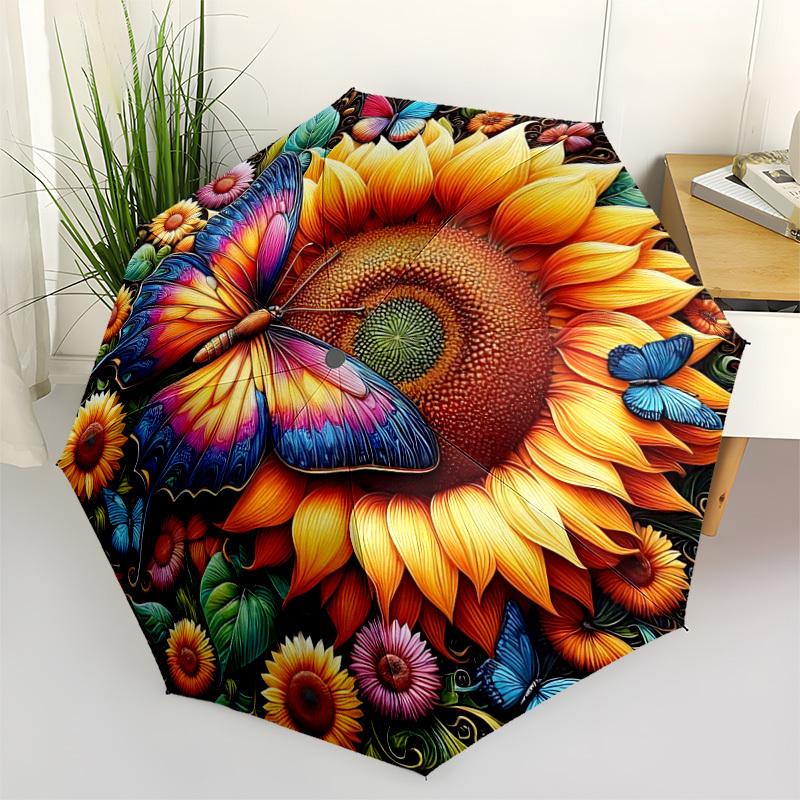 1pc Butterfly Sunflower Automatic Folding Umbrella, Lightweight Retractable Compact Travel Umbrella, 8-Rib Sturdy Frame, Fine Outdoor Umbrella010