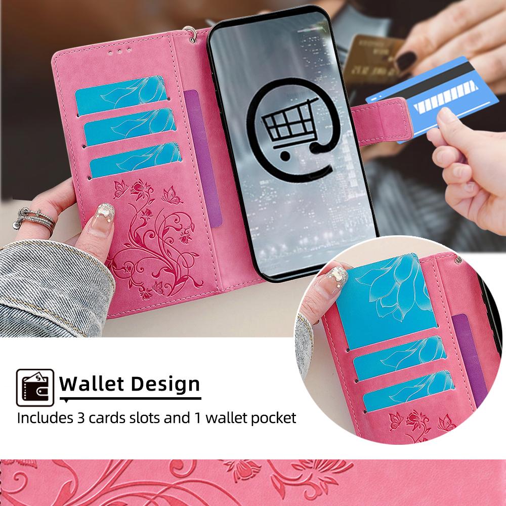 For Motorola Moto E14 4G/G04 4G/G04s 4G/G24 4G Leather Case Wallet Card Slots Butterfly Flower Phone Cover with Strap