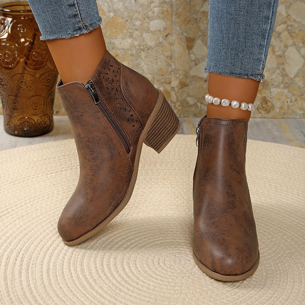 Women's Vintage Slip-On Chunky Low Block Heel Ankle Boots - Almond Toe Round-toe Winter Boots with PVC Upper & Lining, Beige/Caramel Brown/ Blue/Dark