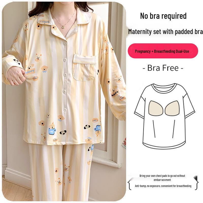 Plus Size Maternity & Postpartum Pajama Set with Breast Pads - Long Sleeve, Spring & Autumn Nursing Wear