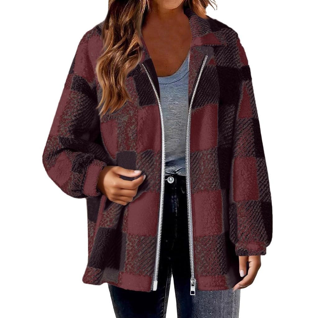 Fashionable Women's Plaid Lambskin Jacket With Pockets Button Plush Coat
