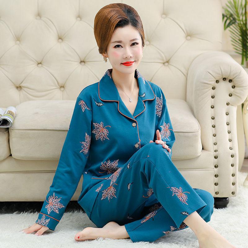 Middle-aged women's 100% pure cotton pajamas women's summer long-sleeved pajamas middle-aged and elderly mother loungewear thin suit