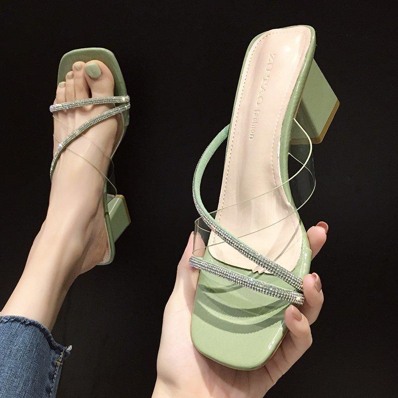 

Open-toed sandals 2025 summer British fashion versatile new square head rhinestone one-character set feet thick high-heeled women s shoes 40 зелений