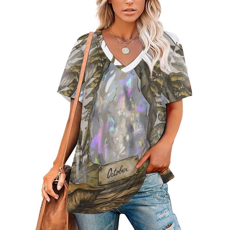 Sommermode 3D Floral bedruckte T-Shirts Damenbekleidung T-Shirt Tops Damen Casual Kurzarm V-Ausschnitt Tops Lockere Bluse