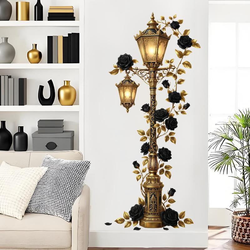 Vintage Street Lamp Wall Decal Red Rose Vine Self Adhesive For Living Room Bedroom Home Wall Decor