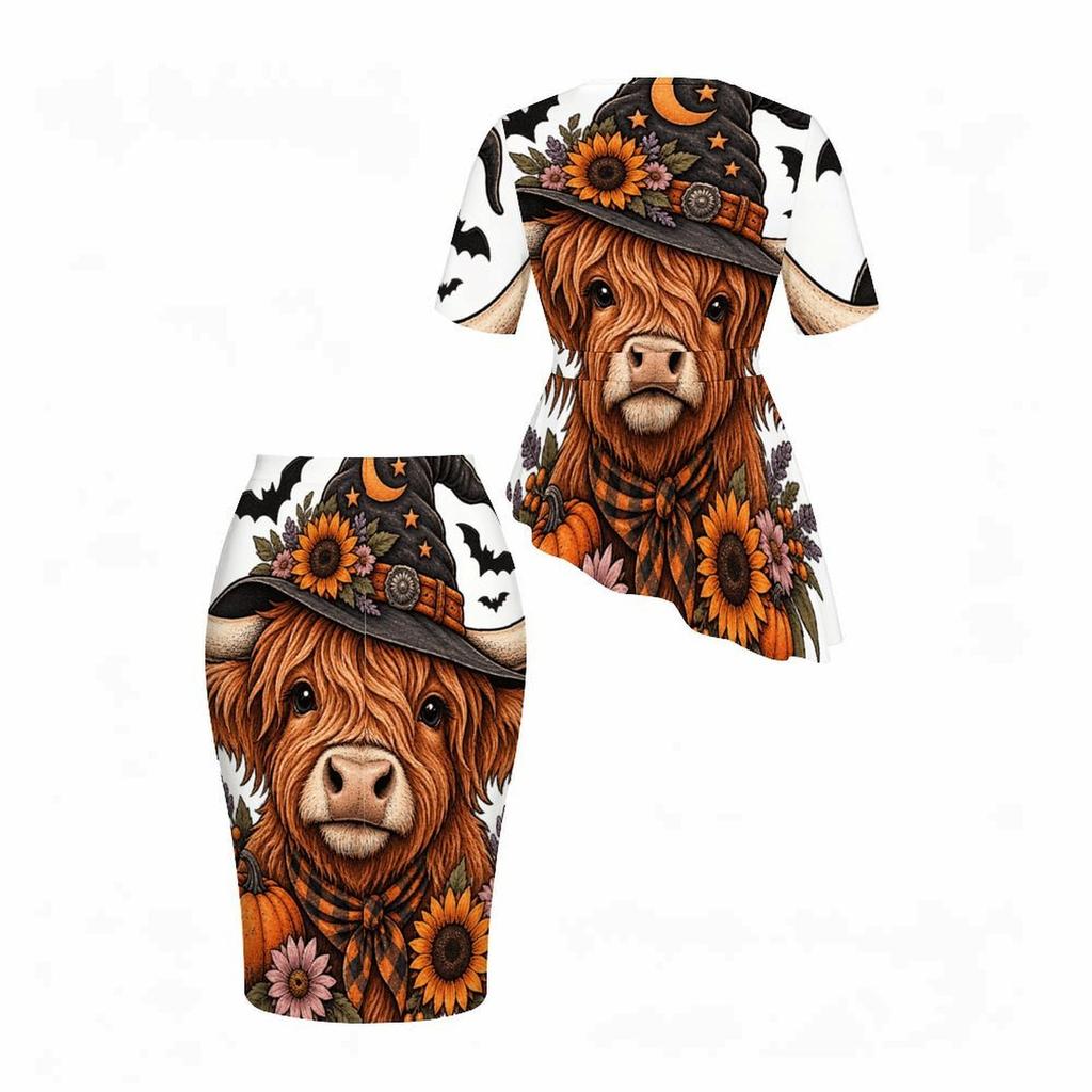 Women Plus Size Round Neck Short Sleeve Cute Bear Pumpkin Printed Asymmetric Top Fitted Skirt Two Piece Set