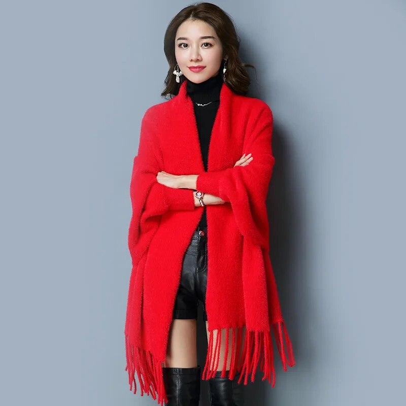 

Осенний модный женский кардиган, накидка с шалью, зимнее плотное теплое пончо большого размера, мягкое пальто из искусственного норкового бархата с кисточками, уличная одежда One Size