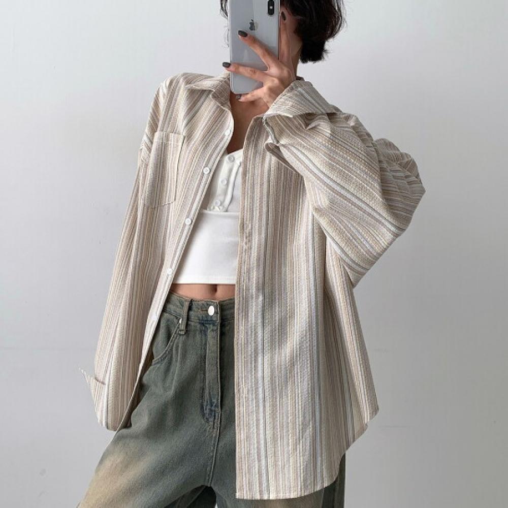 New Arrivals Open Run Women OverSized Stripe Shirt Big Size Cotton Shirt