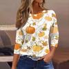 Women’s Three Quarter Sleeve Round Neck Loose Fit Casual Shirt with Halloween Themed Print Pullover Top for Daily Wear
