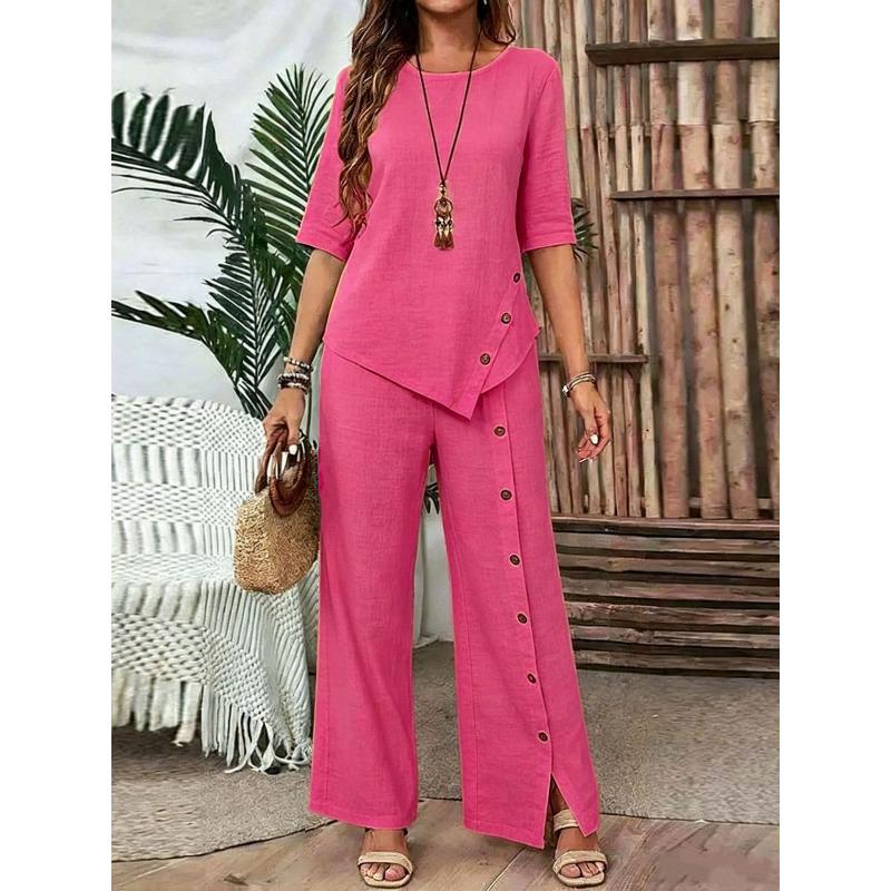 Women's new irregular hem trousers set, elegant fashion casual button loose two-piece set