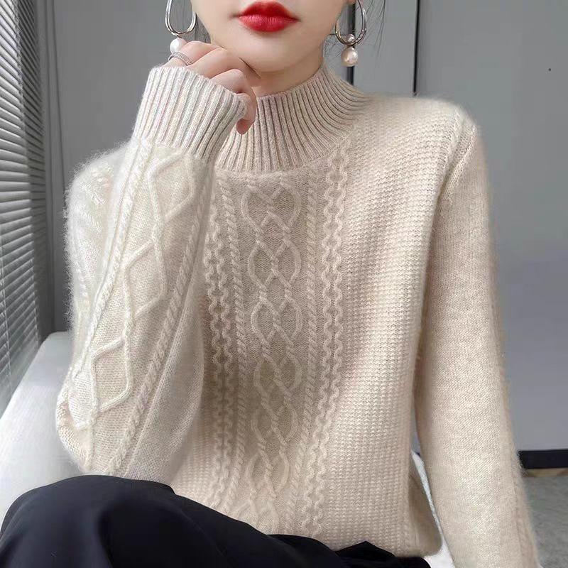 Pullover Women's Half Turtleneck Sweater with Thick Casual Knitted Sweater Solid-colored Loose Warm Top for Autumn and Winter