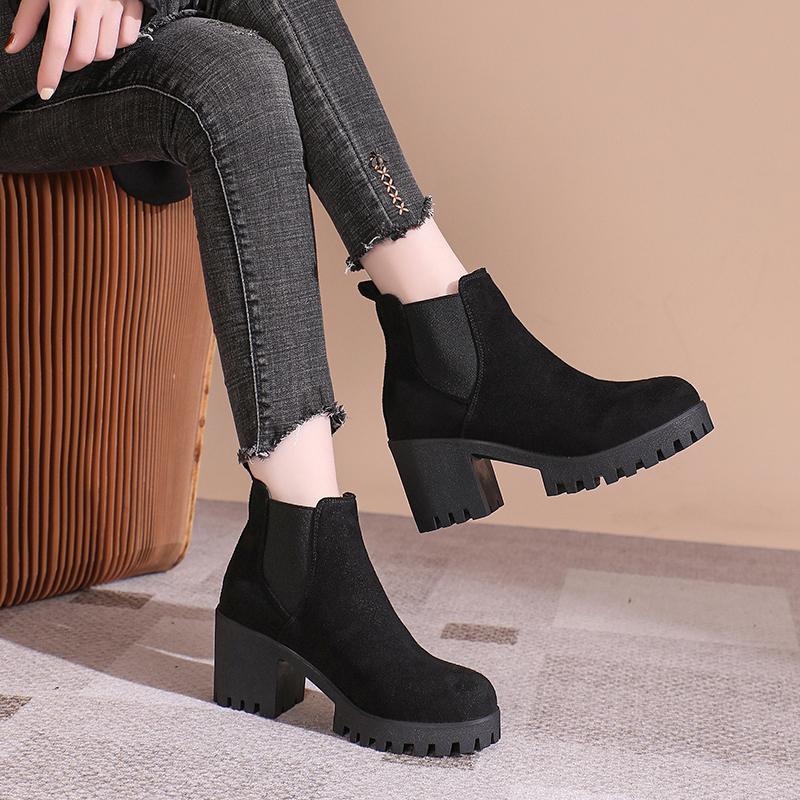 Spring And Autumn  Fashion Temperament Thick heel plush thick sole Women's British Syle Frosted Leather high-heeled Boots