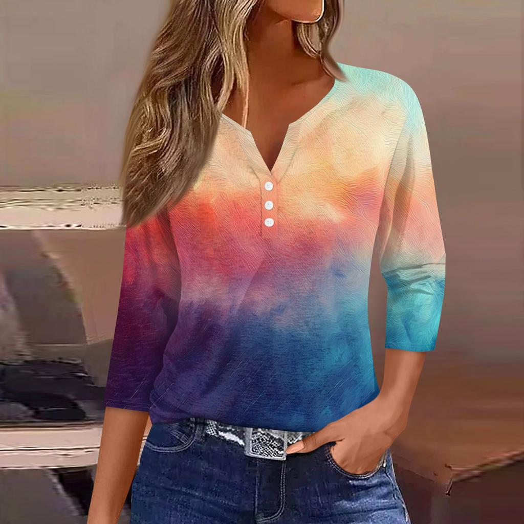 Damen T-Shirt mit Aufdruck, Knopfleiste, 3/4-Ärmel, modisch für den Alltag und das Wochenende, Basic, V-Ausschnitt, normales Oberteil