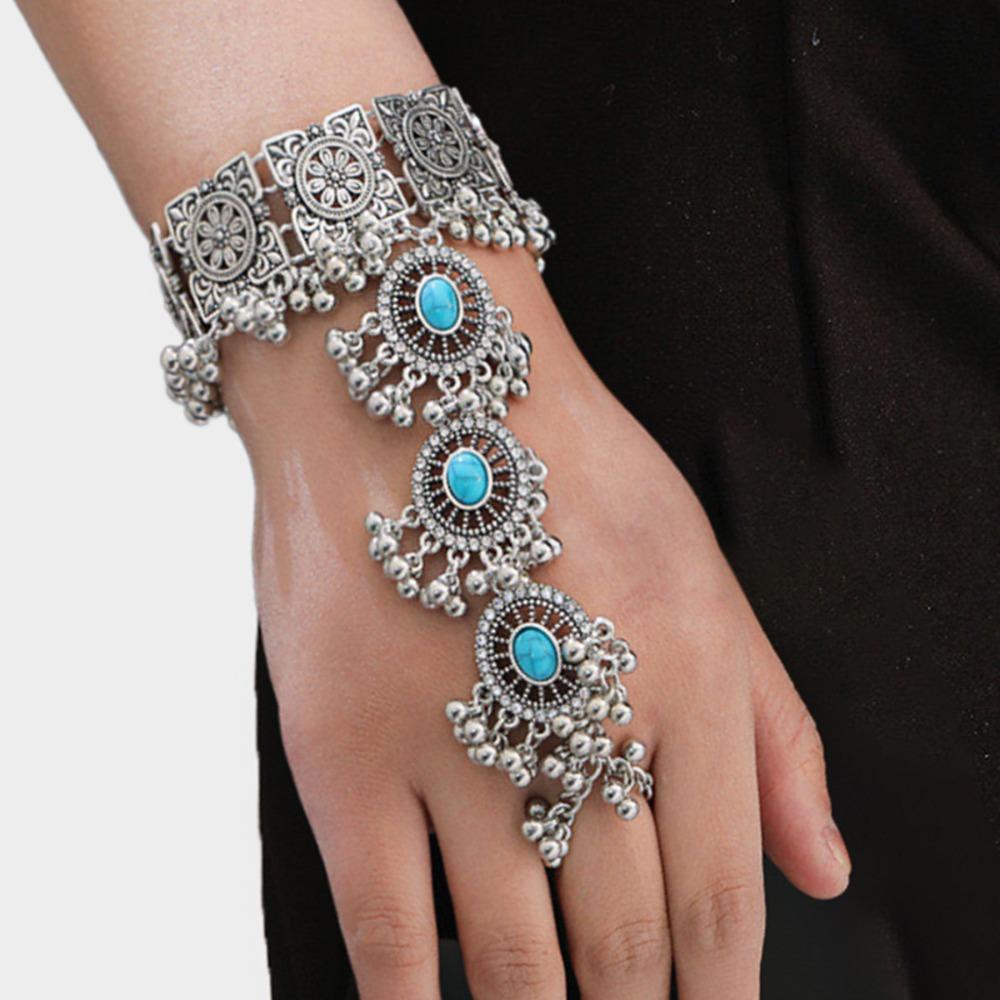 Braccialetto da Dito Boemo Stile Indiano Turchese Minimalista Anello Bracciale Argento Pendente Nappa Vintage Eccessivo Catena da Mano