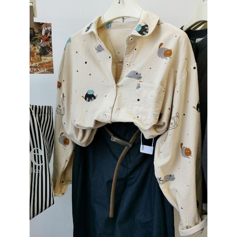 Printed Cat Brushed Cotton Lazy Casual Outer Shirt Women's Loose Casual Layered Autumn Shirt
