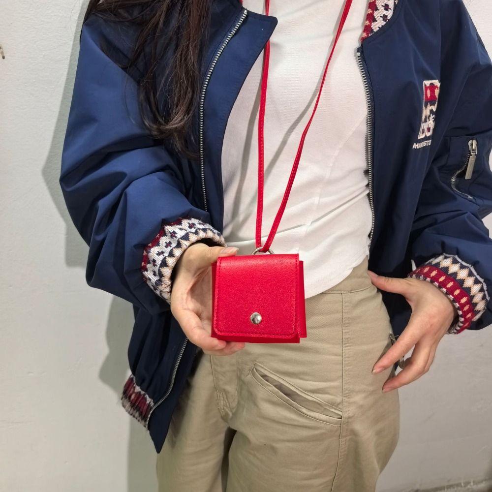 Portable Hanging Neck Headphone Bag PU Leather Small Coin Purse Elegant Lanyard Lipstick Bag Lady