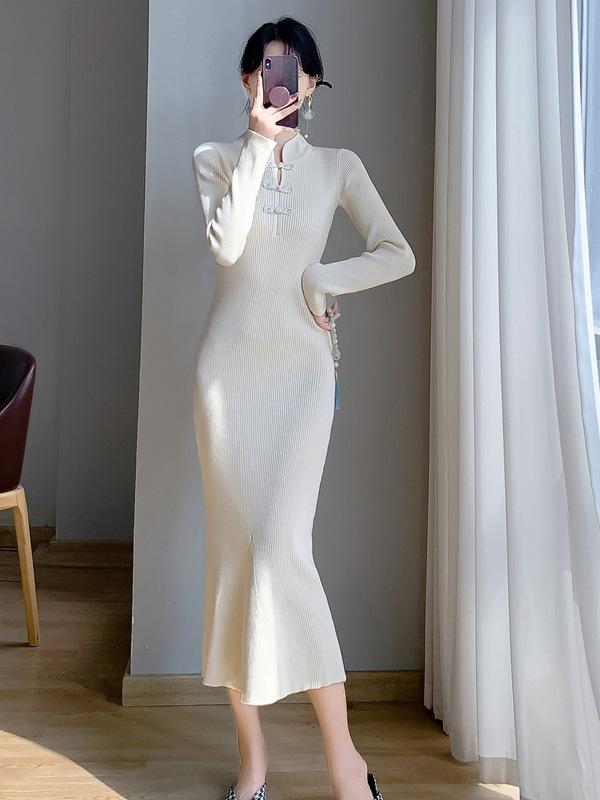 Autumn/Winter Retro Chinese Cheongsam Fishtail Knit Dress for Women