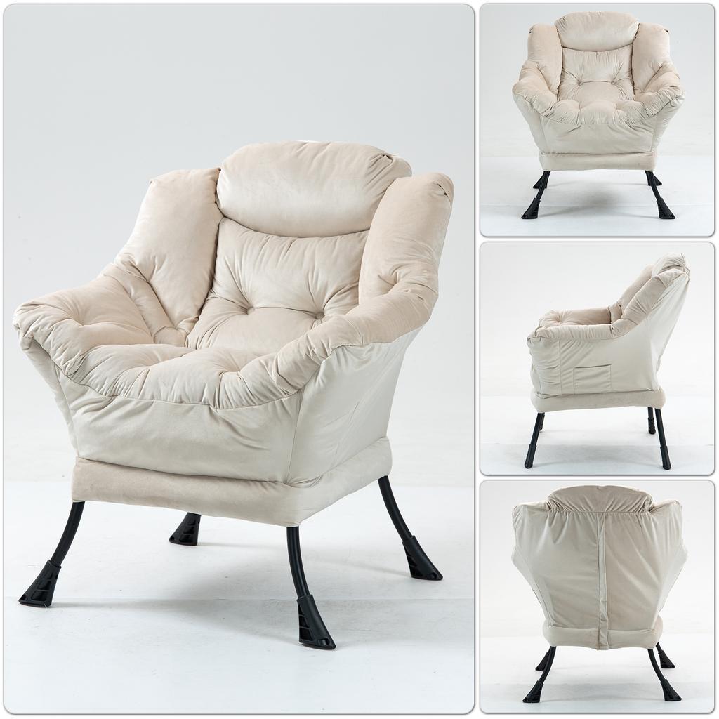 Lazy Chair, Relaxing Chair with Metal Frame and a Side Pocket, Simple Style Comfy Chairs for Bedrooms Living Room Balcony