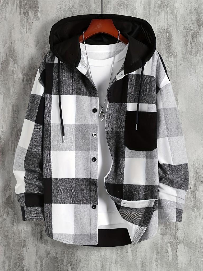 2023 Men's Hooded Plaid Long Sleeve Thickened Shirt - Cold Resistant Autumn Wear