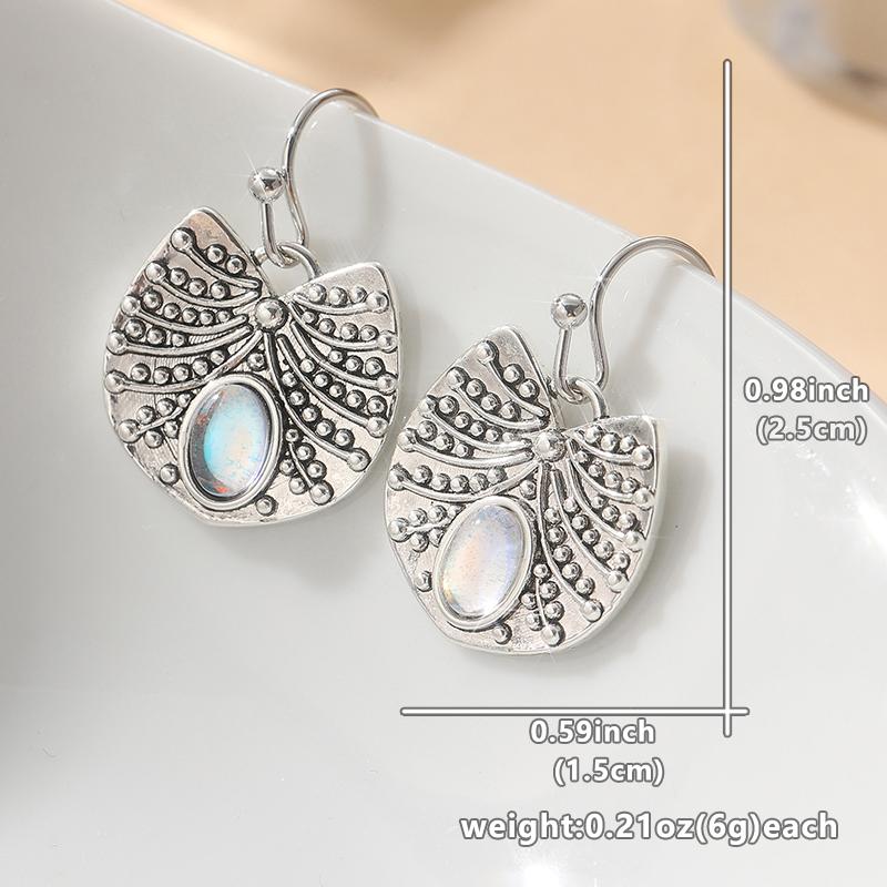 Ethnische Silberfarbene Metall-Schnitzerei-Muster Ovale Inlay-Imitation Mondstein Hängeohrringe für Damen Schmuck