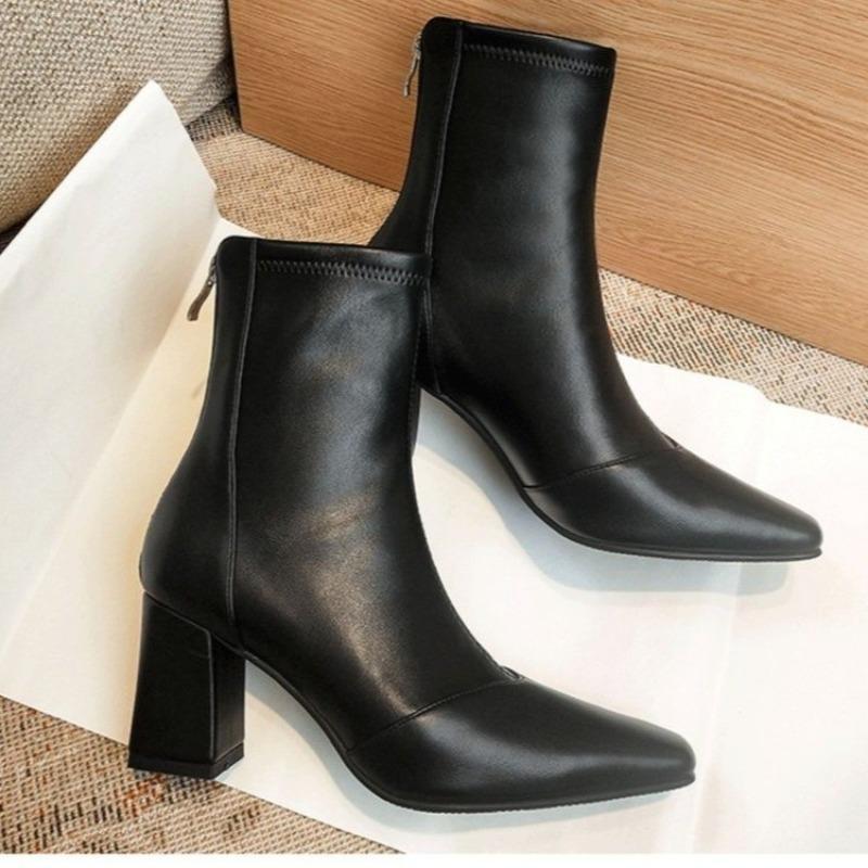 New Style Shoes for Women Ankle Boots for Women Side Zipper Stretch Middle Heel Plus Size Short Boots Pointed Shoes