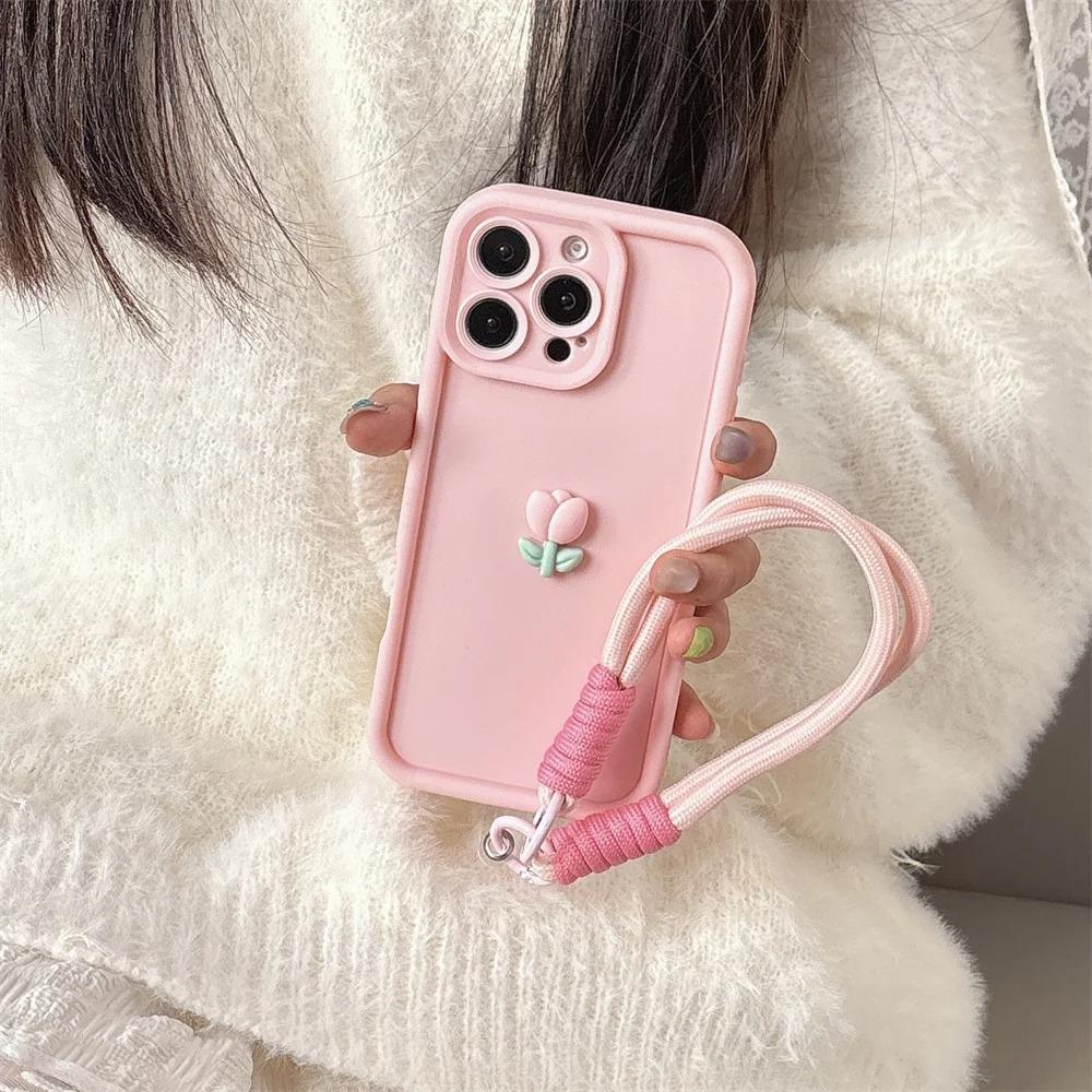 Laccetto Corda Portachiavi con Fiore di Tulipano Carino 3D Custodia per Telefono Per iPhone 17 16 15 14 13 12 11 Pro Max 16E X XS XR 7 8 Plus Copertura Morbida in Silicone
