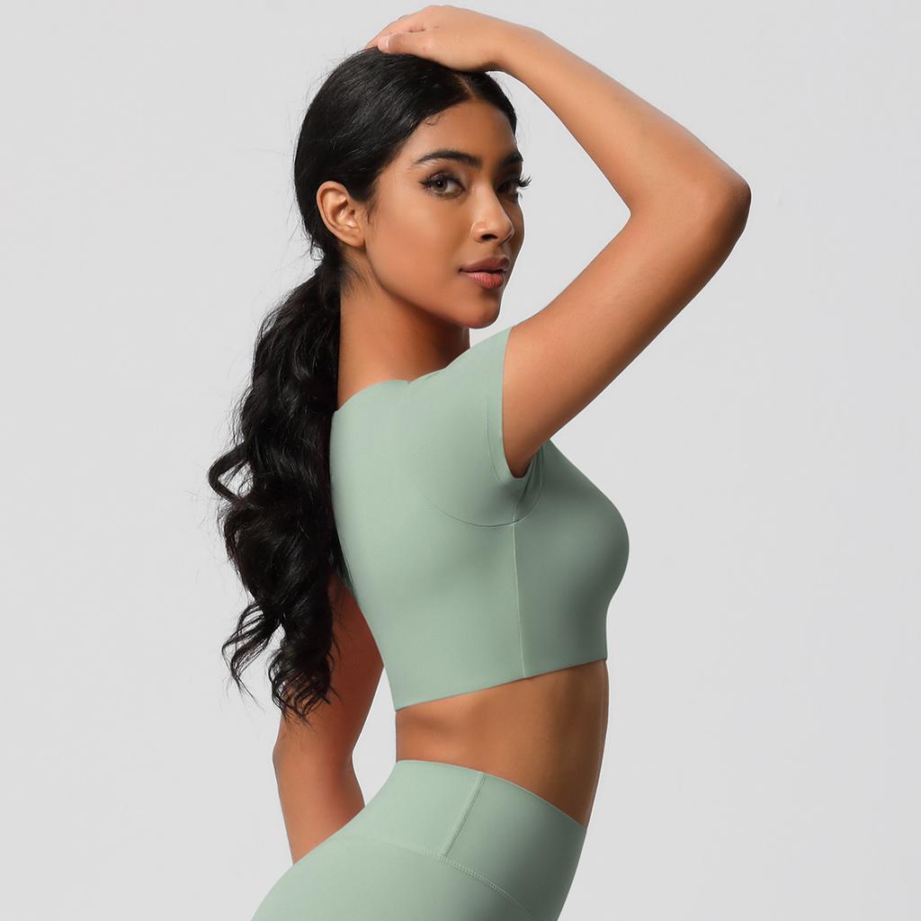 New Nude High-Strength Tight Yoga Short Sleeved Brushed Sports Top With Chest Cushion, Quick Drying Running And Fitness Top For Women