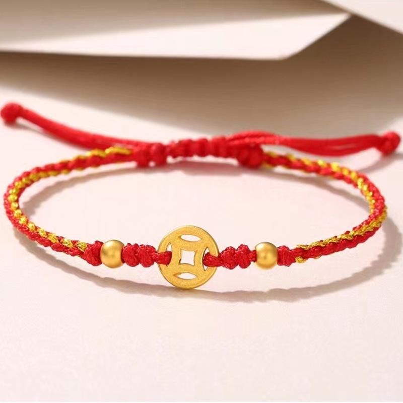 2022 Lucky Red Rope Bracelet with Brass Gold-Plated Coin Pendant for Men & Women