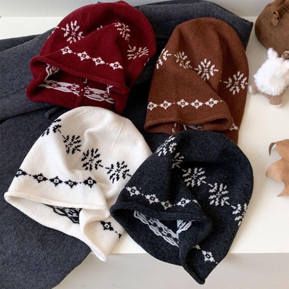 Warm Jacquard Knitted Hat Curled Edge Ear Protection Hat Retro Printing Knit Cap  Winter