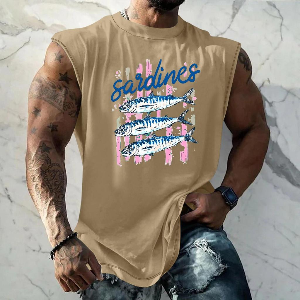 Pánské tílko s vtipným potiskem a retro texturou, volný střih, prodyšné, na letní sporty a streetwear, ležérní pro každodenní nošení