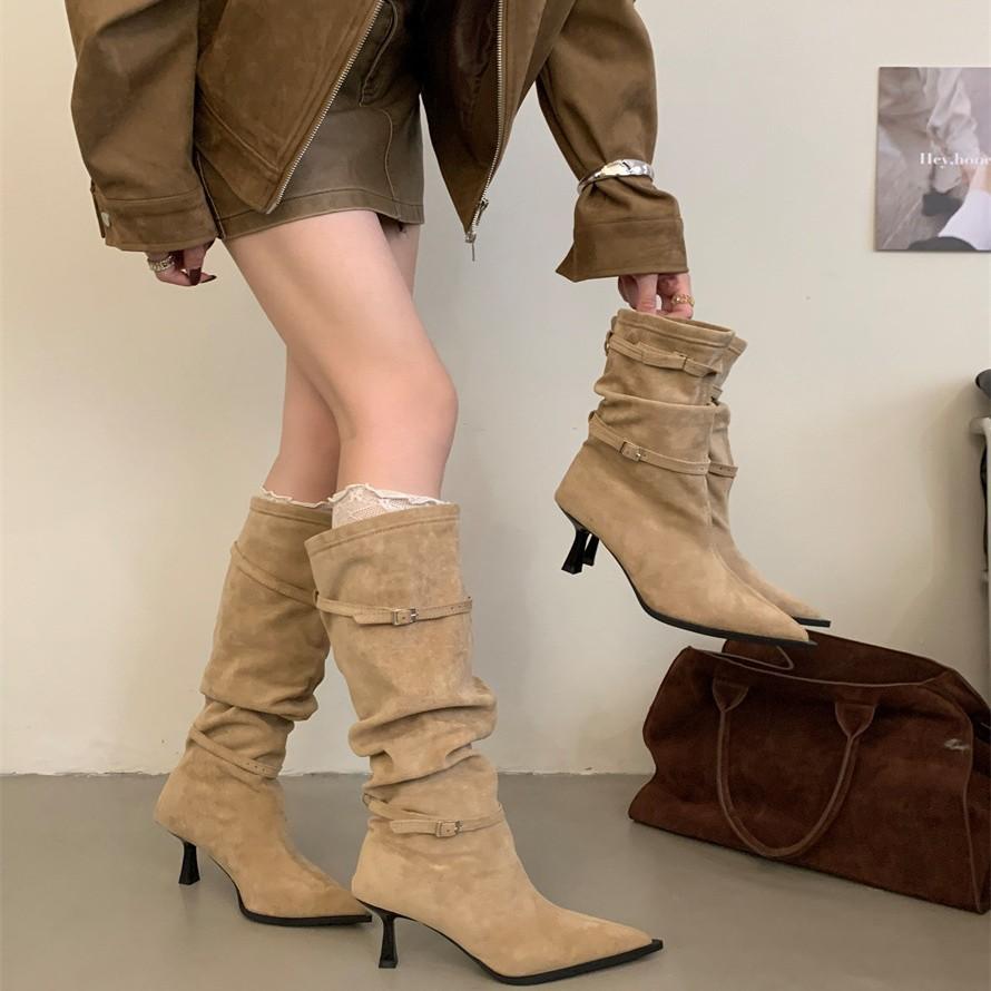 2025 thick heel retro velvet brown knight boots French thin bare boots autumn and winter women's knee boots children