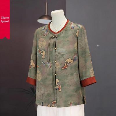 Elegant Printed Stand Collar Seven-Sleeve Shirt for Middle-Aged and Elderly Women