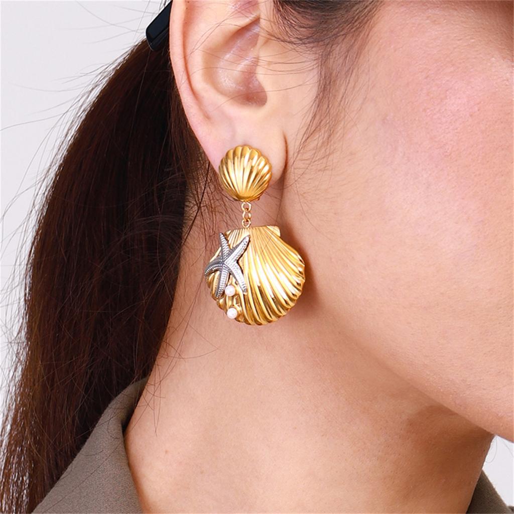  Ocean Starfish Shell Pendant Earrings for Women Stainless Steel Waterproof Summer Jewelry Gift Accessories