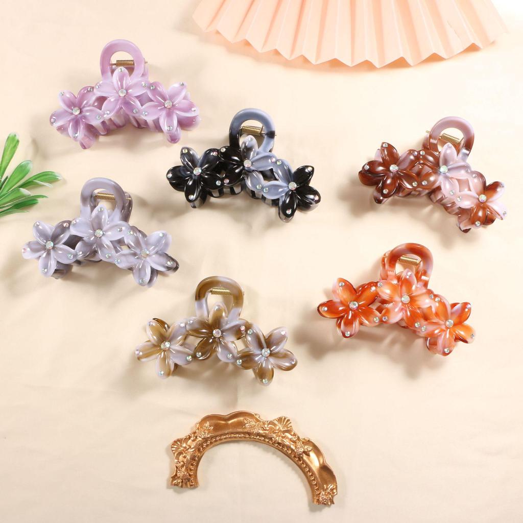 Gradient Plumeria Rhinestone Claw Clip: Candy Color Flower Hair Accessory for Updo Styles