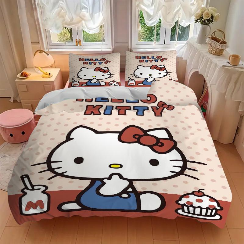 3pcs Milk Cake & Hello Kitty Design Bedding Set Includes Quilt Cover and Pillowcases, Suitable for All Seasons, Machine Washable Ideal Gift W060