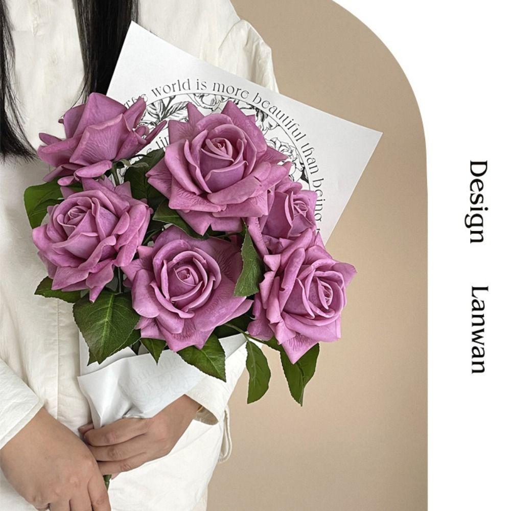 Multicolor Rose Artificial Flower Single Stem Green Leaves Faux Flower Photo Props Silk Petals Simulation Flower