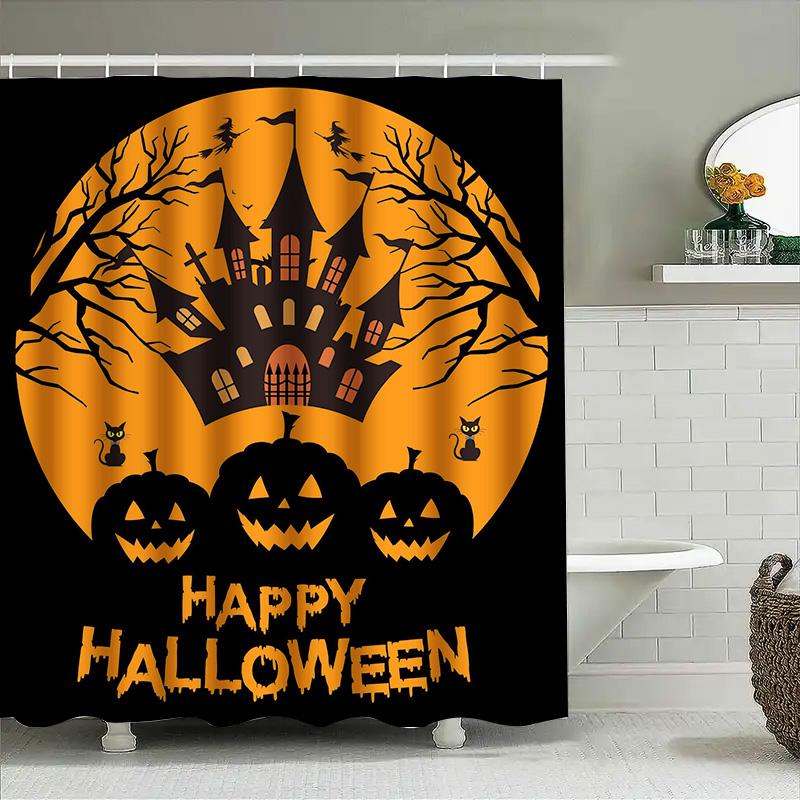 

1Pchappy Halloween Bat Pumpkin Shower Curtain Spooky Home Decor Black & Orange Bathroom Curtain W60H190(CM)-1 Pcs