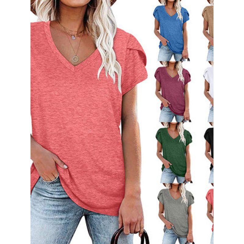 Solid-Color V-neck Short-Sleeve T-shirt Solid V-neck Short sleeve Overfit t-shirt Women