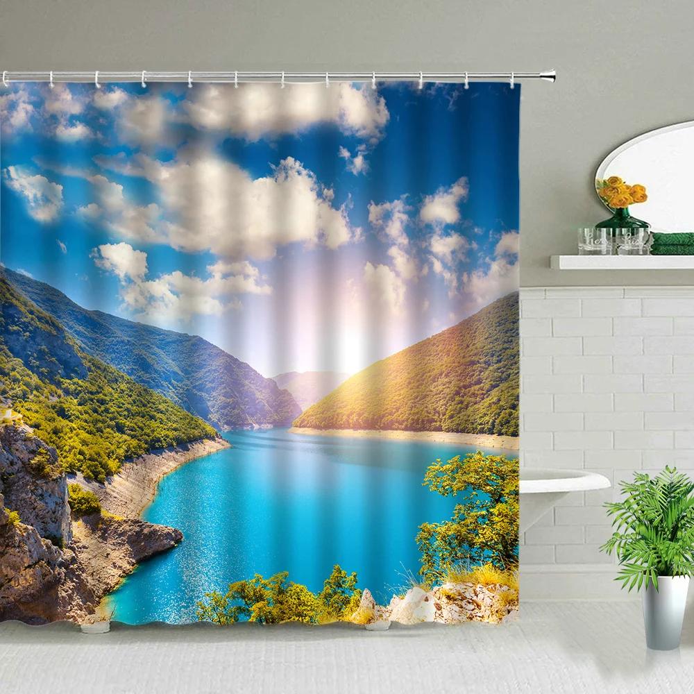 Park Garden Tree Flower Pond Nature Landscape Shower Curtain Bathroom Polyester Waterproof Fabric Curtains Home Bathtub Decor