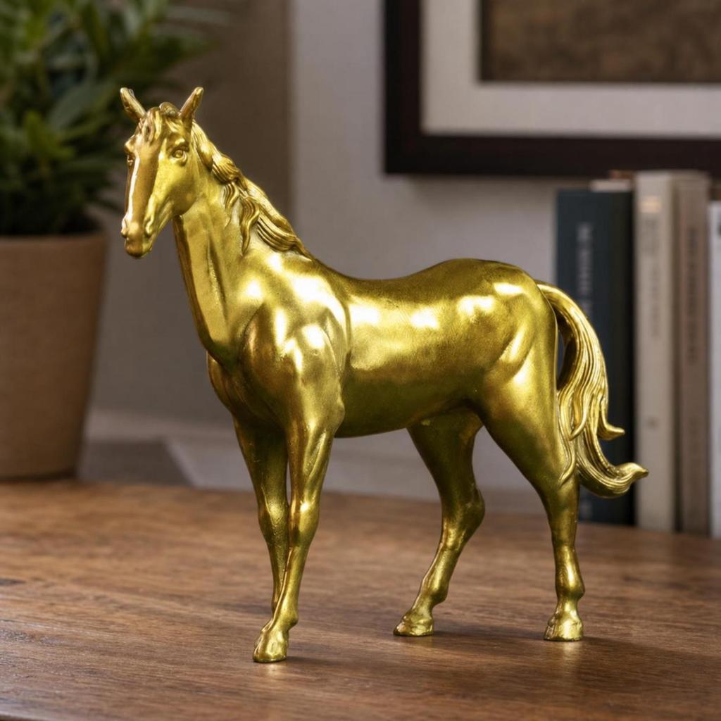 Gold-Toned Brass Horse Figurine Decorative Standing Sculpture Craft Piece