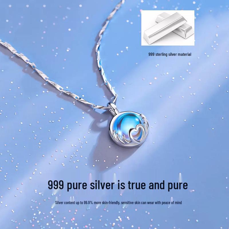 Pure Silver Moonstone Clavicle Necklace for Women - Birthday or Christmas Gift for Girlfriend