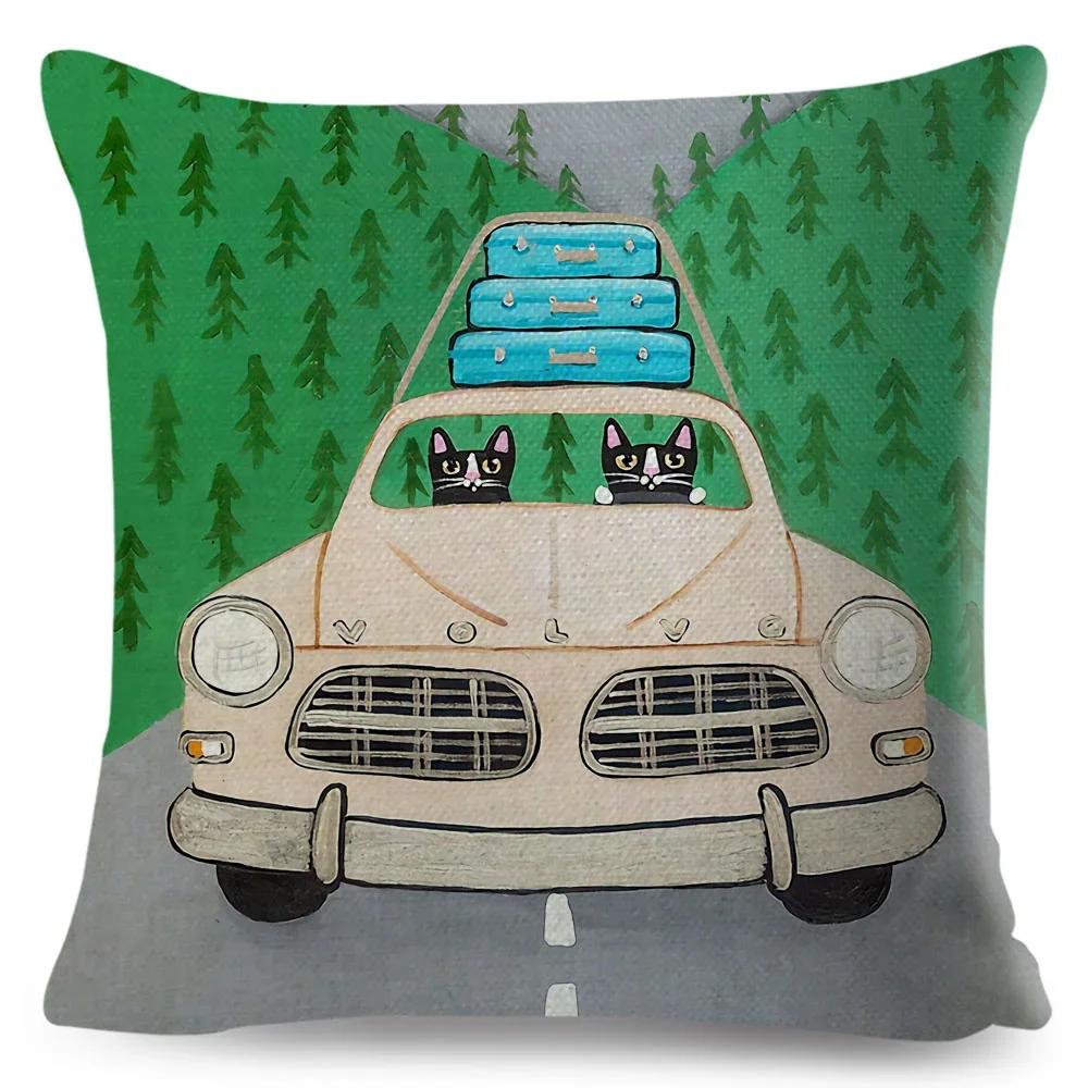 Cartoon Driving Car Cat Cushion Cover Decor Cute Pet Animal Pillowcase Polyester Pillow Case for Sofa Home Children Room