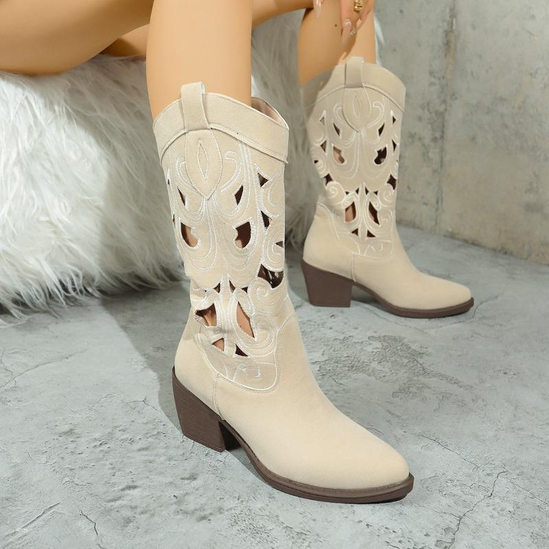 Fashion Women's Fashionable Breathable Hollow Embroidered Vintage Western Boots Chunky Heels Knee High Cowboy Boots Woman Knight Booties