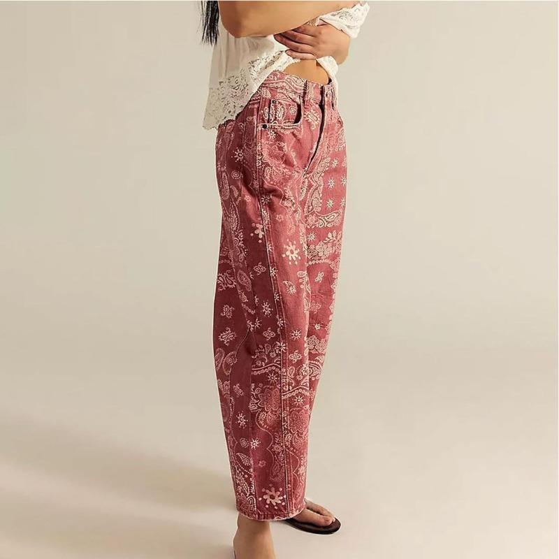 Herbst und Winter Damen lockere Jeans Blumenmuster Denim Neun-Punkt-Hose Weiter Bein Mittlere Taille Jeans