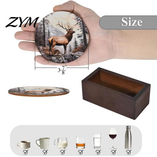 Round Solid Wood Coasters Set Retro Elk/Vinyl Record Coasters, Decorative Wooden Cup Mats, Insulated Table Gift Ideas for Cabin And Bar Decor Mat, Non