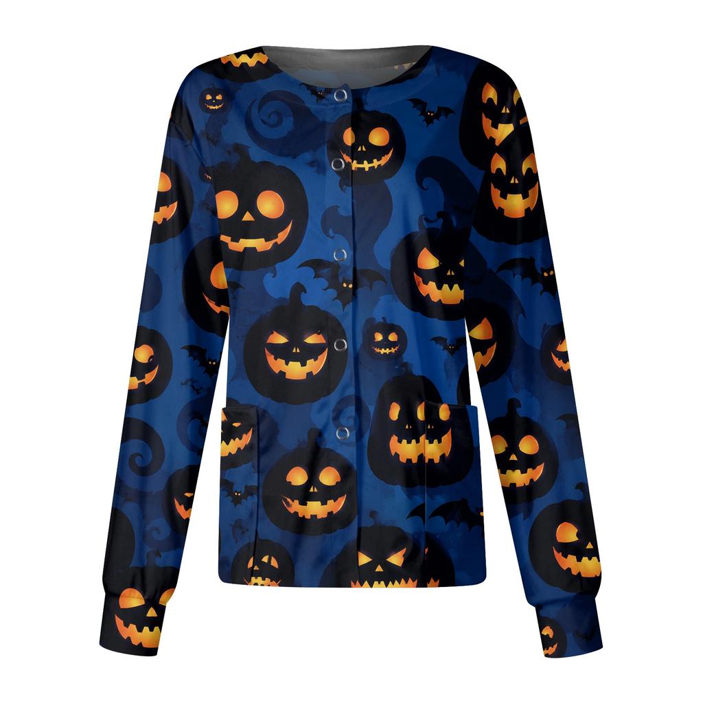 Halloween Print Casual Long Sleeve Single Breasted Caregiver Uniform Cardigan Top for Women Comfortable Workwear Shirt with Button Closure
